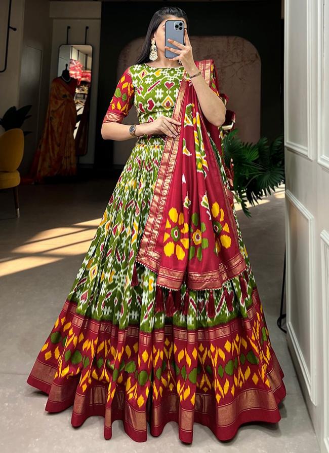 Tussar Silk Mehendi Festival Wear Patola Print Readymade Lehenga Choli